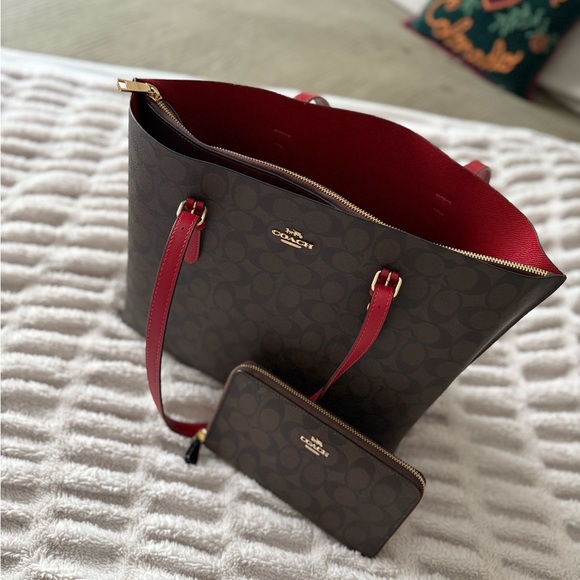 Coach Handbags - Coach Signature Brown and Red Tote with Pouch